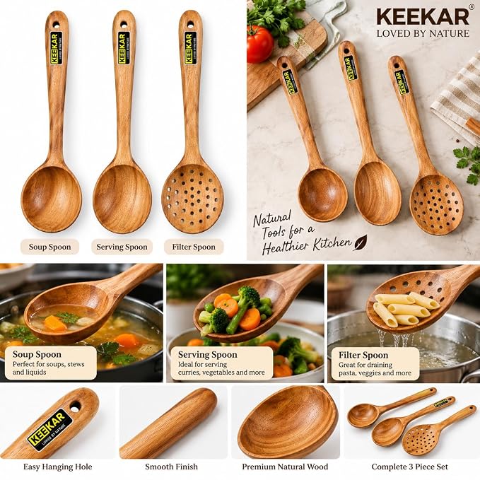 Keekar Handmade Wooden 3-Piece Kitchen Spatula Set for Cooking