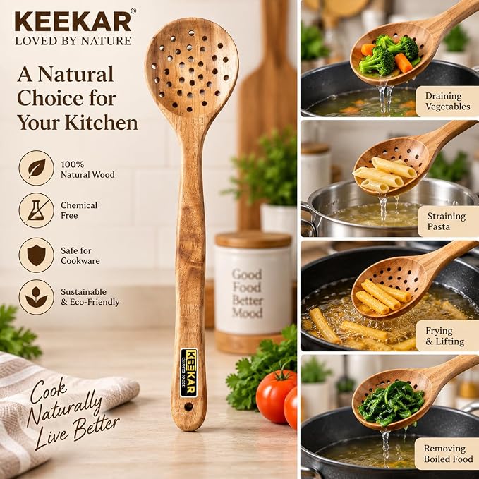 Keekar Handmade Natural Wood Filter Spatula, Food Contact Kitchen Cooking Set of 2