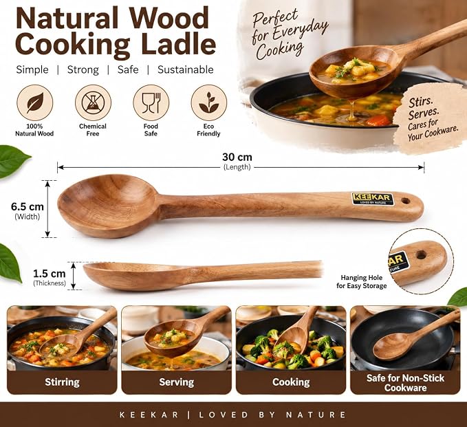 Keekar Handmade Natural Wood Serving Spoon Spatula, Food Contact Kitchen Cooking Utensil Set of 2